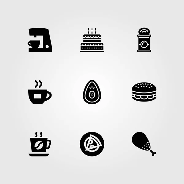 Alimentos y bebidas vector icono conjunto. pastel, taza de café, taza y hamburguesa — Vector de stock