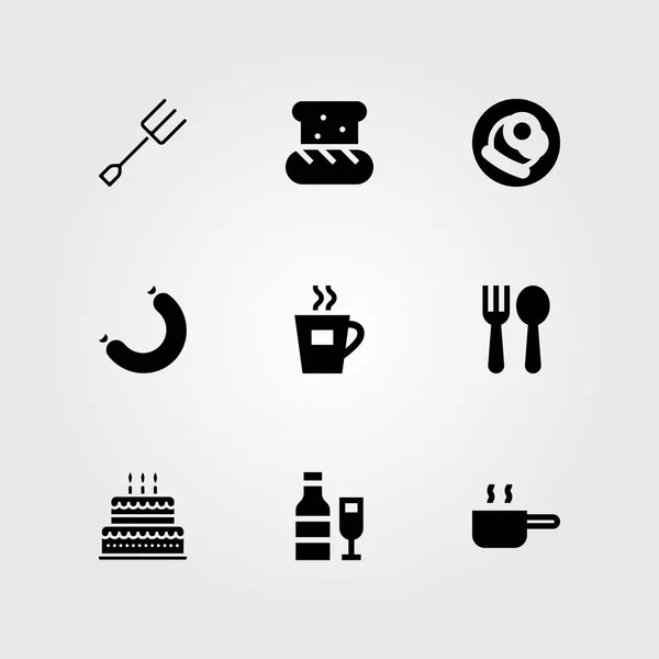 Restoran vektör Icon set. Kahvaltı, çatal bıçak, çatal ve doğum günü pastası — Stok Vektör