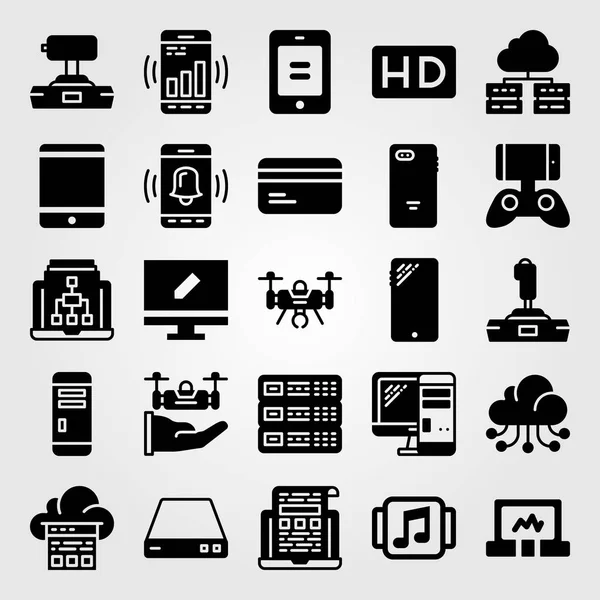 Technologie vector icon set. muziekspeler, pc, joystick en monitor — Stockvector