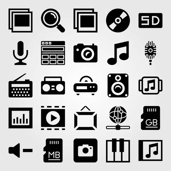 Icono multimedia set vector. memoria, disco compacto, reproductor de películas y tarjeta SD — Archivo Imágenes Vectoriales
