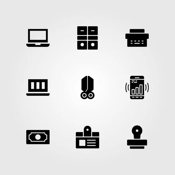 Conjunto de iconos de vector empresarial. archivo, dinero, tijeras y tipo de escritor — Archivo Imágenes Vectoriales