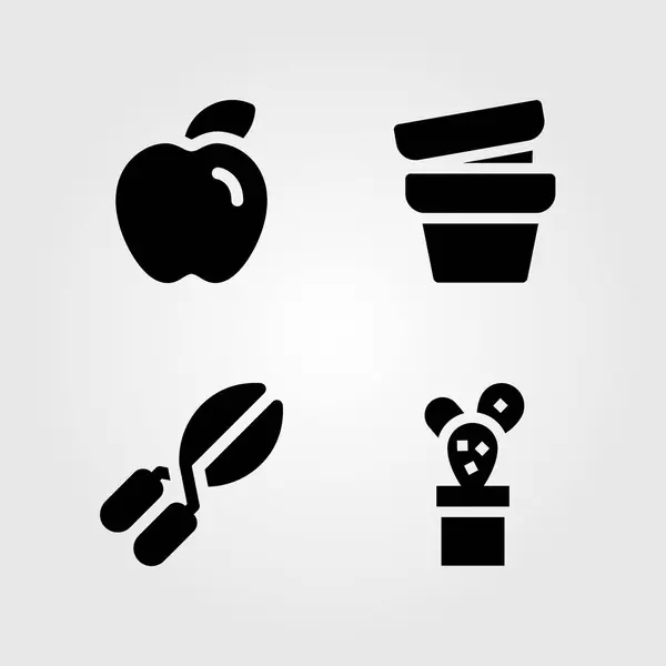 Conjunto de iconos de jardín. Cactus de ilustración vectorial, tijeras de podar, manzana y maceta — Vector de stock