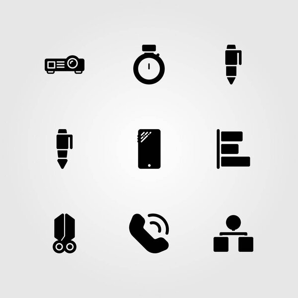 Business vector icon set. organization, pen, projector and stopwatch