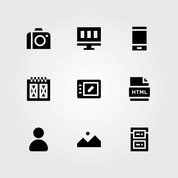 Web Design vector icon set. foto camera, draadframe, tablet en responsieve — Stockvector