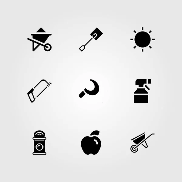 Zahradní vektor sadu ikon. rýč, kolečko, whelbarrow a stříkací pistole — Stockový vektor