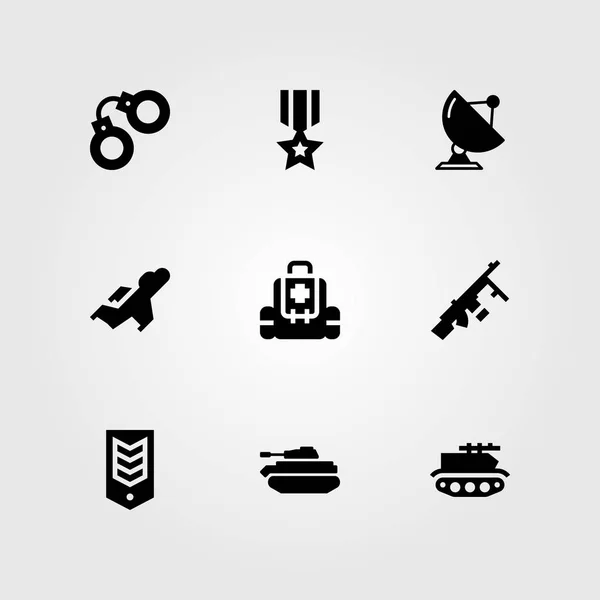 Ensemble d'icônes vectorielles d'armes. médaille, mitrailleuse, char et combattant — Image vectorielle