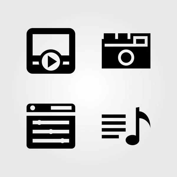 Multimédia ikonok beállítása. Vektoros illusztráció böngésző, lejátszási lista, Fénykép fényképezőgép és film lejátszó — Stock Vector