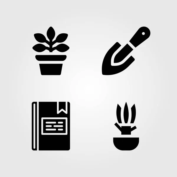 Casa Plantas vector icono conjunto. pala, planta, ficus y libro — Vector de stock