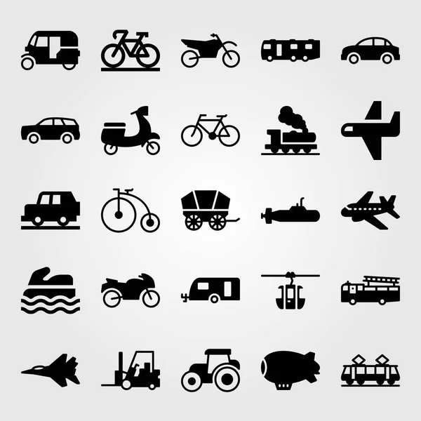 Közlekedési vector icon set. targonca, repülőgép, zeppelin és kerékpár — Stock Vector