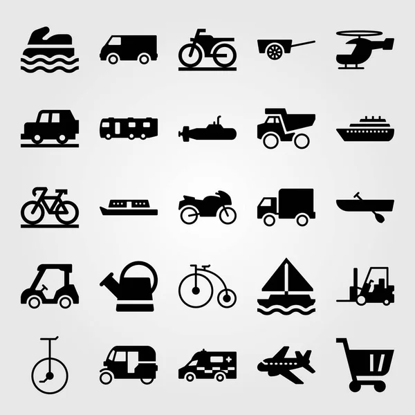 Conjunto de iconos de vector de transporte. helicóptero, carro de la compra, barco y lata — Vector de stock