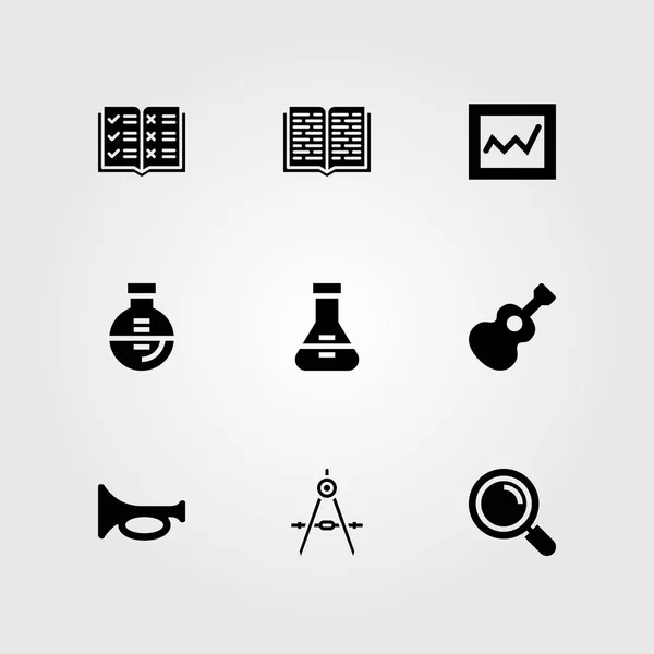 Education vector icon set. open book, analytics, loupe and flask — Stock Vector