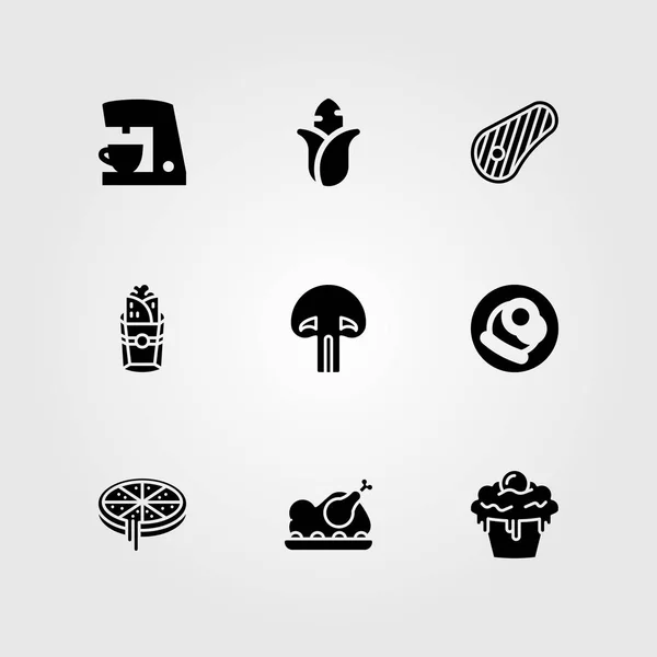 Alimentos y bebidas vector icono conjunto. magdalena, carne, desayuno y bistec — Vector de stock