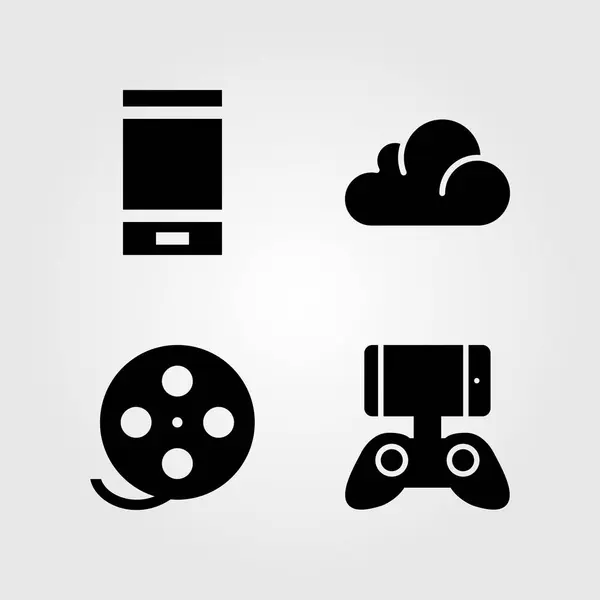 Conjunto de iconos tecnológicos. Smartphone de ilustración vectorial, controlador de juego, rollo de película y computación en nube — Vector de stock