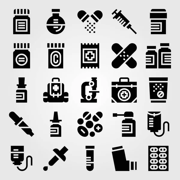 Conjunto de iconos de vector médico. tubo, comprimidos, jeringa y aerosol nasal — Archivo Imágenes Vectoriales