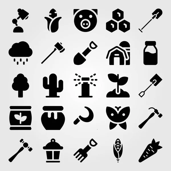 Garden vector icon set. hammer, axe, shovel and honeycomb — Stock Vector