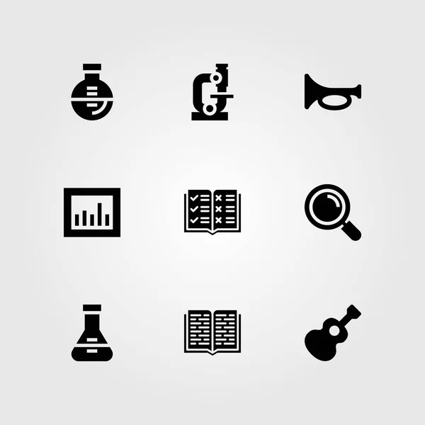 Conjunto de ícones vetoriais de educação. microscópio, trompete, frasco e lupa — Vetor de Stock