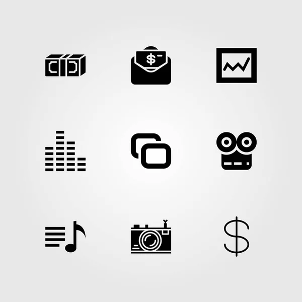 Gombok vector icon set. film lejátszó, fényképezőgép, a dollár és a hang bárok — Stock Vector