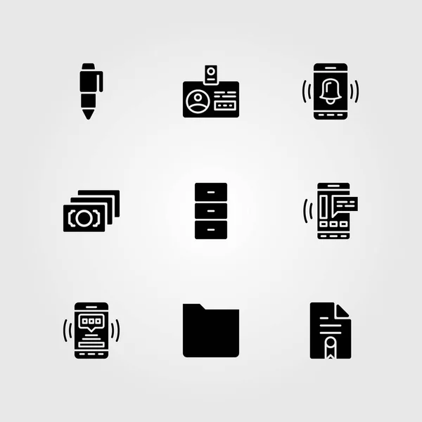 Conjunto de iconos de vector empresarial. contrato, smartphone, tarjeta de identificación y dinero — Archivo Imágenes Vectoriales