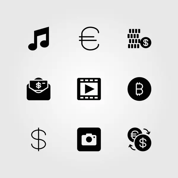 Düğmeleri Icon set vektör. Exchange, fotoğraf makinesi, film oynatıcı ve madeni para — Stok Vektör