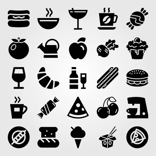 Voedsel en dranken vector icon set. Koffie-/ theevoorzieningen, spies, croissant en wijnglas — Stockvector