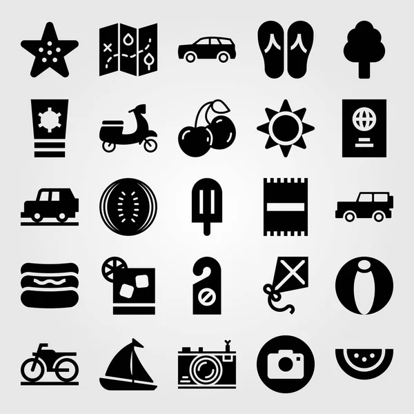 Ensemble d'icônes vectorielles d'été. passeport, cocktail, tongs et arbre — Image vectorielle