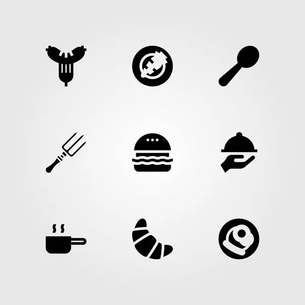 Restaurant-Vektorsymbol gesetzt. Tablett, Frühstück, Pfanne und Löffel — Stockvektor