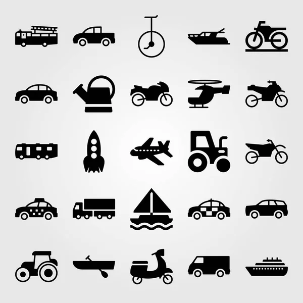 Conjunto de iconos de vector de transporte. motocicleta, camión, helicóptero y barco — Vector de stock