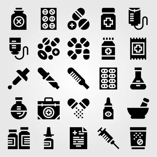 Conjunto de iconos de vector médico. tabletas, medicamentos, aerosol nasal y resultados médicos — Vector de stock