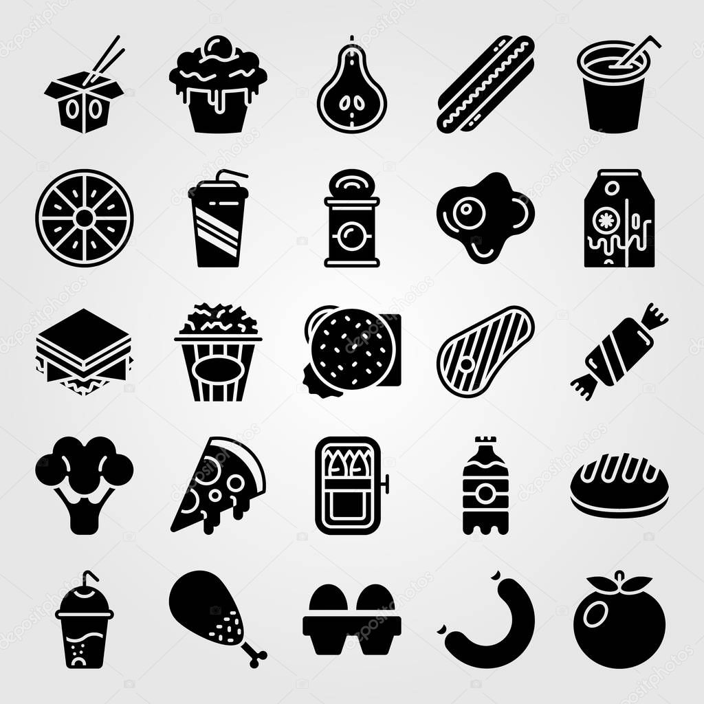 Food And Drinks icon set vector. orange, bread, sausage and popcorn
