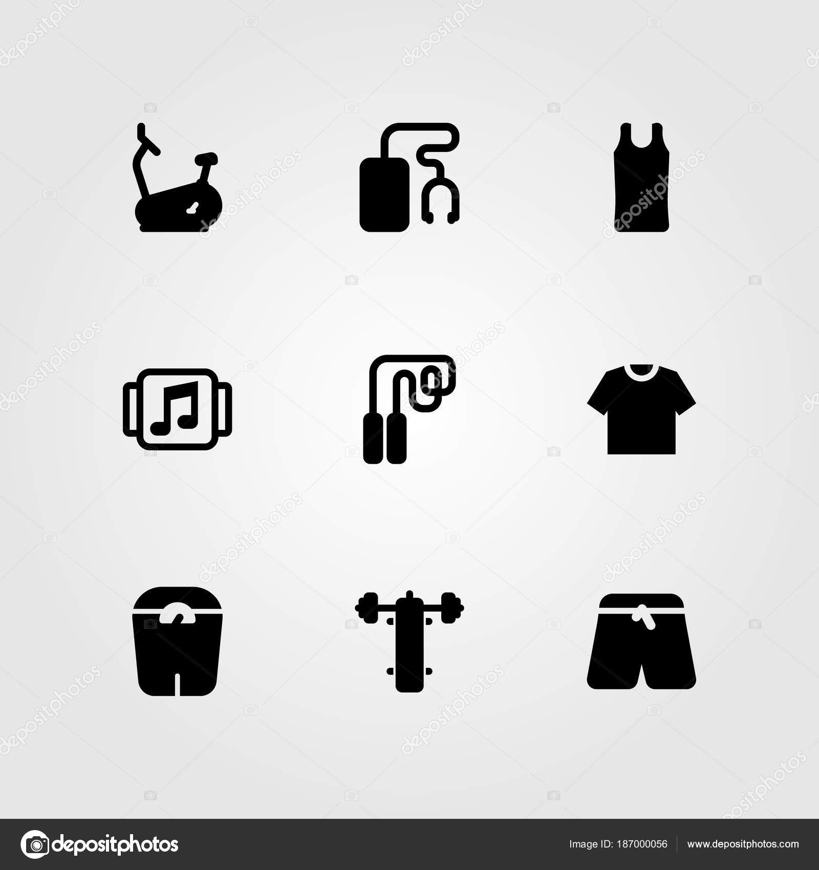 Fitness Vector Icon Set Stationary Bike Bench Press Scale Skipping
