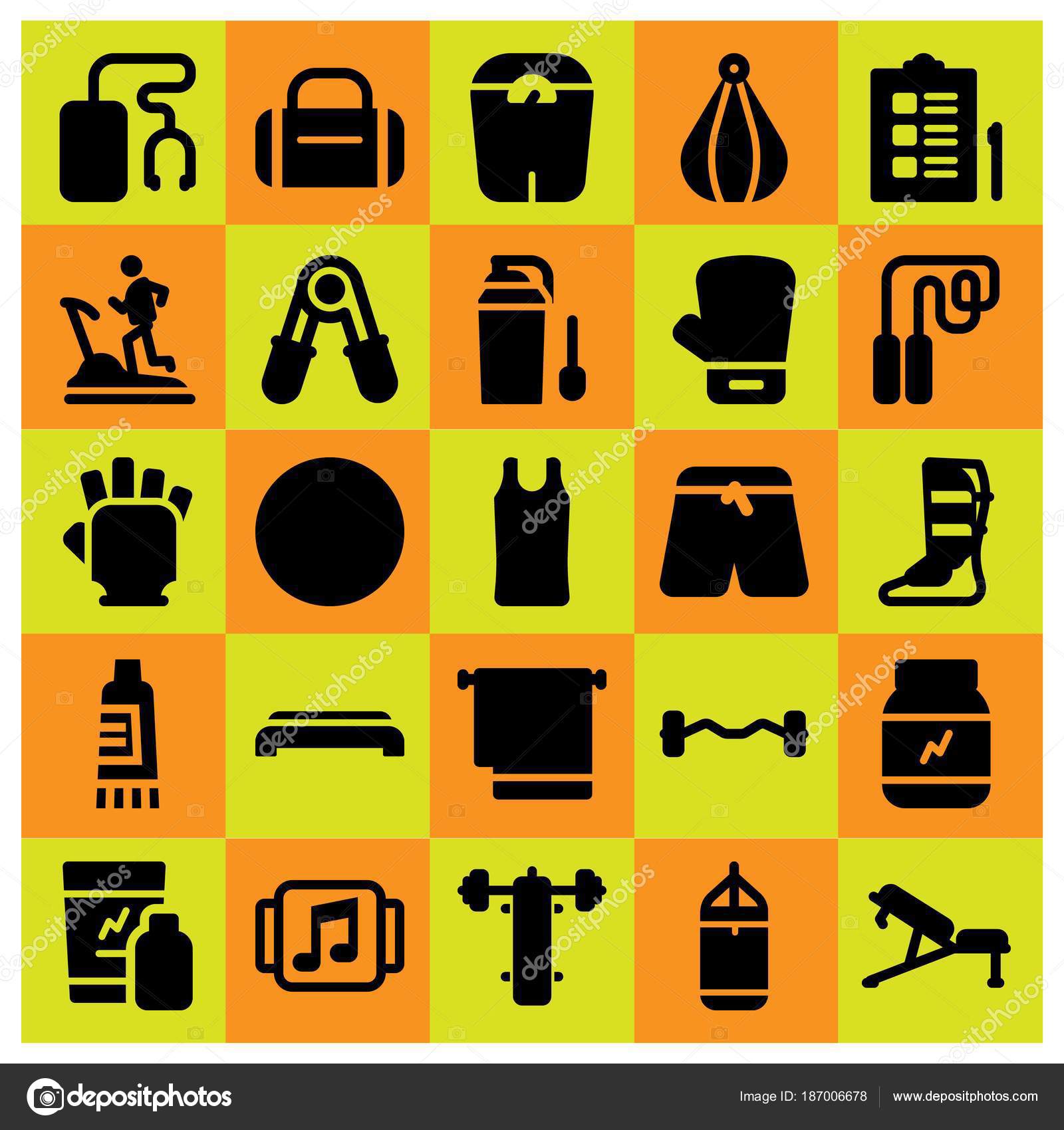 Fitness Icon Set Vector Cream Scale Bench Press And Punching