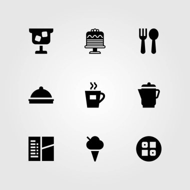 Restoran vektör Icon set. tepsi, kokteyl, suşi ve çatal bıçak takımı