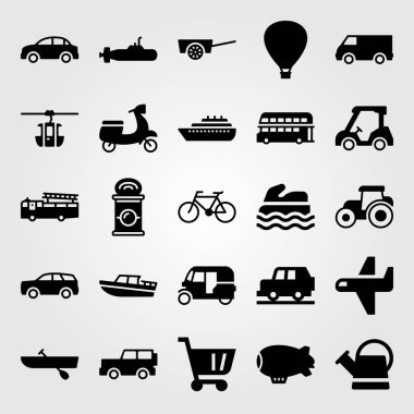 Ulaşım vektör Icon set. traktör, zeppelin, teleferik kabin ve Çift katlı otobüs