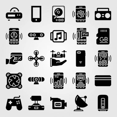 Teknoloji vektör Icon set. müzik çalar, kredi kartı, sd kart ve boombox