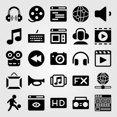 Multimedya vektör Icon set. kulaklıklar, internet, trompet ve futbol oyuncu