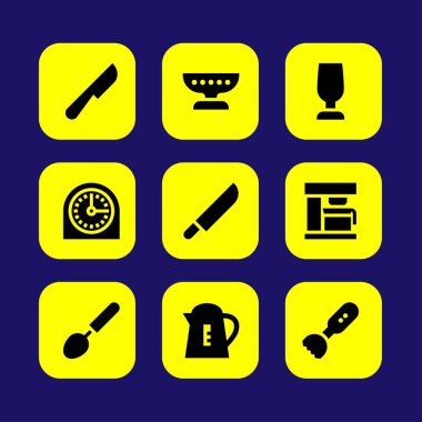 Mutfak vektör Icon set. Kepçe, cam, mikser ve bıçak