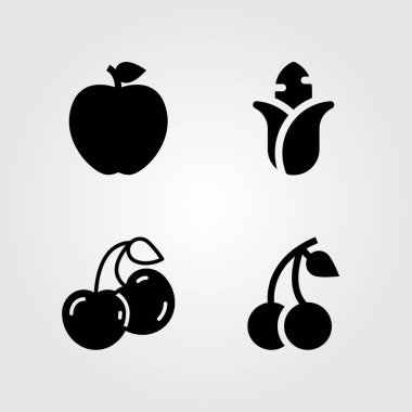 Meyve sebze Icon set vektör. Mısır, elma, vişne ve kiraz
