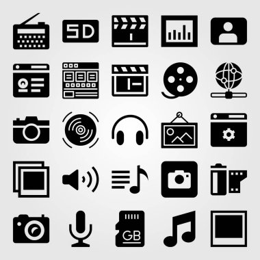 Multimedya vektör Icon set. Web, fotoğraf, kompakt disk ve çalma listesi