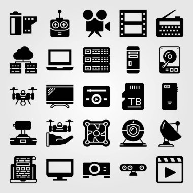 Teknoloji vektör Icon set. soğutucu, webcam, radar ve müzik oyuncu