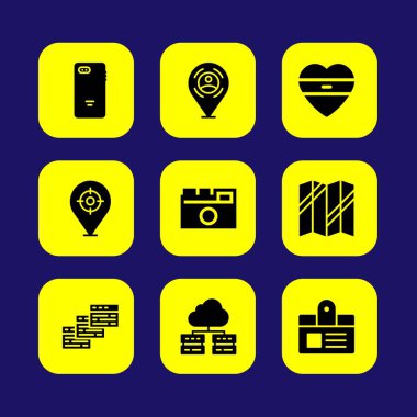 Temel vektör Icon set. sunucu, kimlik kartı, kalp ve harita