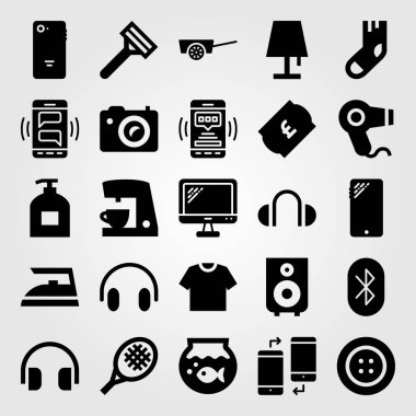 Alışveriş vektör Icon set. kulaklıklar, saç kurutma makinesi, tenis raketi ve hoparlör