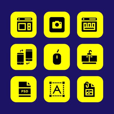Web tasarım vektör Icon set. fotoğraf makinesi, dokunma, metin editörü ve psd