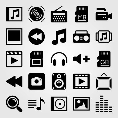 Çoklu ortam simgesini vektör ayarlayın. resim, kompakt disk, geri sarma ve kulaklıklar