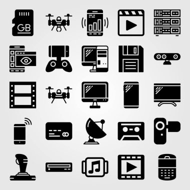 Teknoloji vektör Icon set. uydu, dron, müzik çalar ve kamera