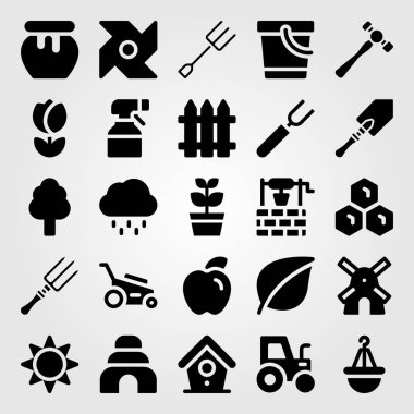 Bahçe vektör Icon set. kürek, fırıldak, kuş evi ve bitki