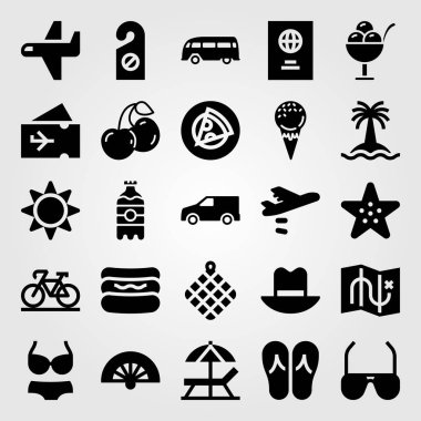 Yaz aylarında vektör Icon set. havlu, şapka, otobüs ve uçak bileti
