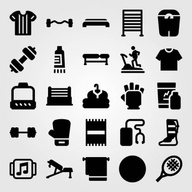 Fitness vektör Icon set. spor salonu eldiven, spor Bar, halter ve müzik oyuncu