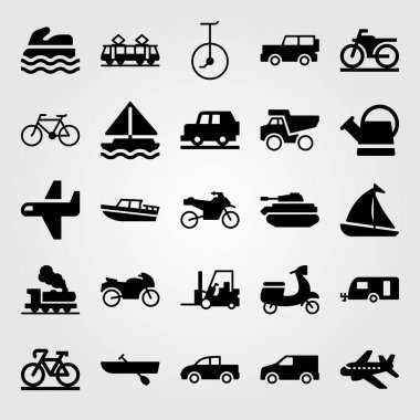 Ulaşım vektör Icon set. kürek, motosiklet, kamyon ve forklift
