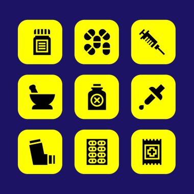 Tıp vektör Icon set. şırınga, şişe, yardım ve zehir