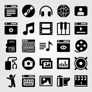 Multimedya vektör Icon set. klavye, Klaket, resim ve adam